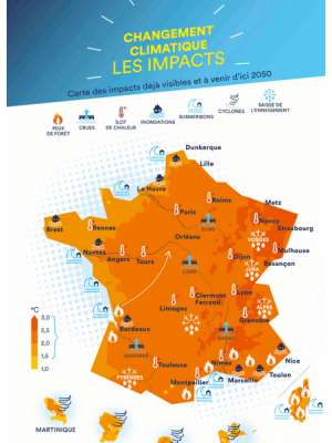 Carte des impacts déjà visibles et à venir d’ici 2050 en France – crédits MTES/DICOM