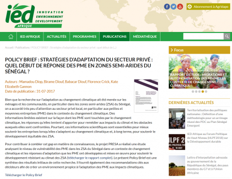 POLICY BRIEF : Stratégies d’adaptation du secteur privé : quel début de réponse des PME en zones semi-arides du Sénégal ?