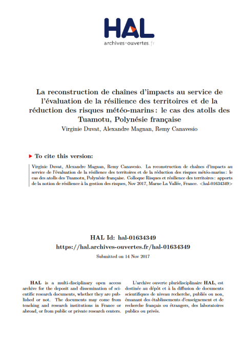 La reconstruction de chaînes d'impacts au service de l'évaluation de la résilience des territoires et de la réduction des risques météo-marins : le cas des atolls des Tuamotu, Polynésie française