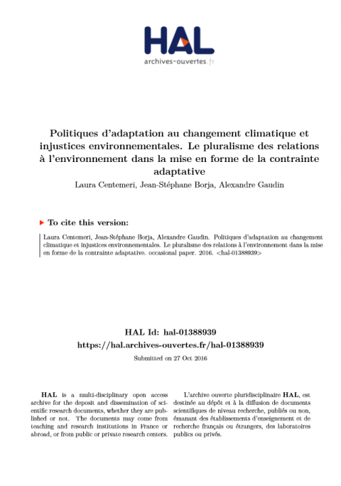 Politiques d'adaptation au changement climatique et injustices environnementales. Le pluralisme des relations à l'environnement dans la mise en forme de la contrainte adaptative