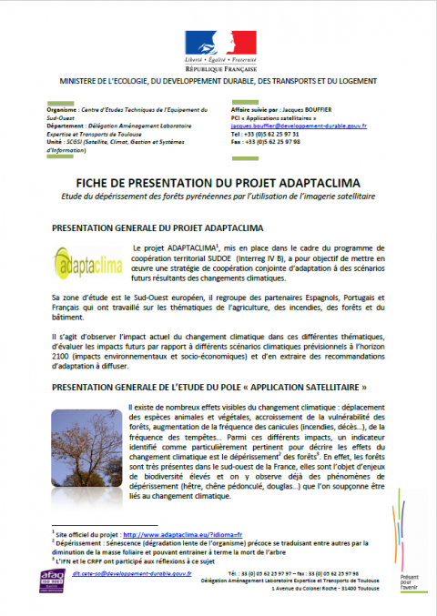 FICHE DE PRESENTATION DU PROJET ADAPTACLIMA Etude du dépérissement des forêts pyrénéennes par l’utilisation de l’imagerie satellitaire