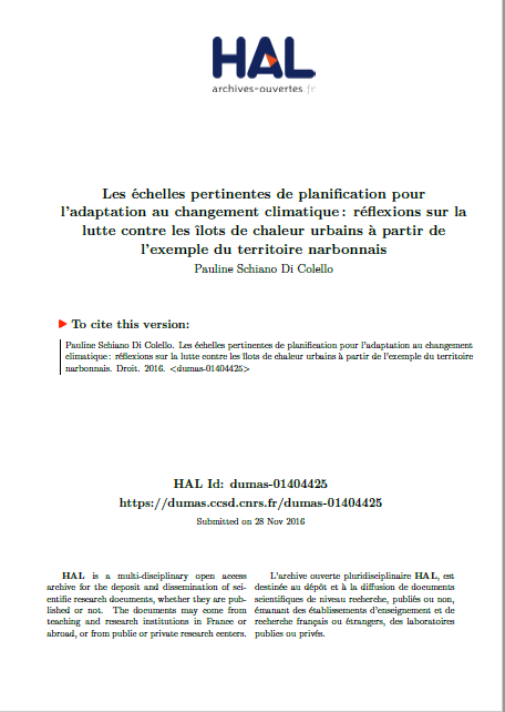 Les échelles pertinentes de planification pour l'adaptation au changement climatique : réflexions sur la lutte contre les îlots de chaleur urbains à partir de l'exemple du territoire narbonnais