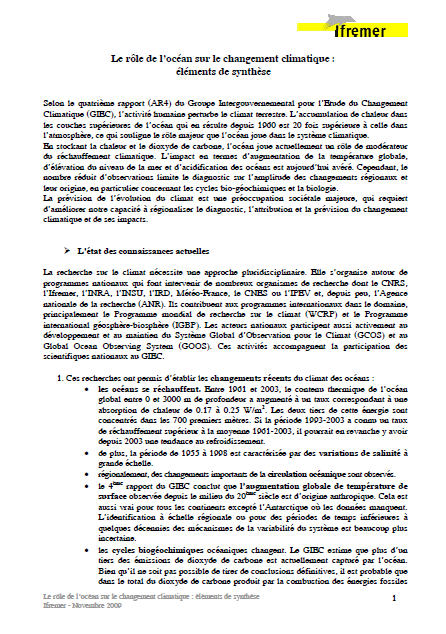 Le rôle de l’océan sur le changement climatique : éléments de synthèse