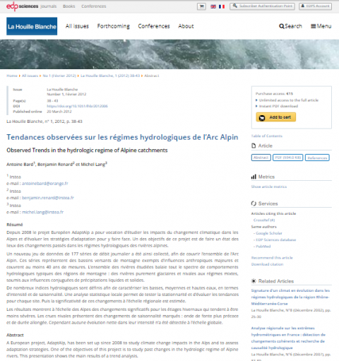 Tendances observées sur les régimes hydrologiques de l’Arc Alpin