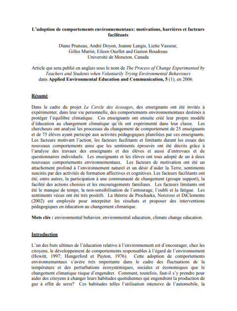 L'adoption de comportements environnements : motivations, barrières et facteurs facilitants