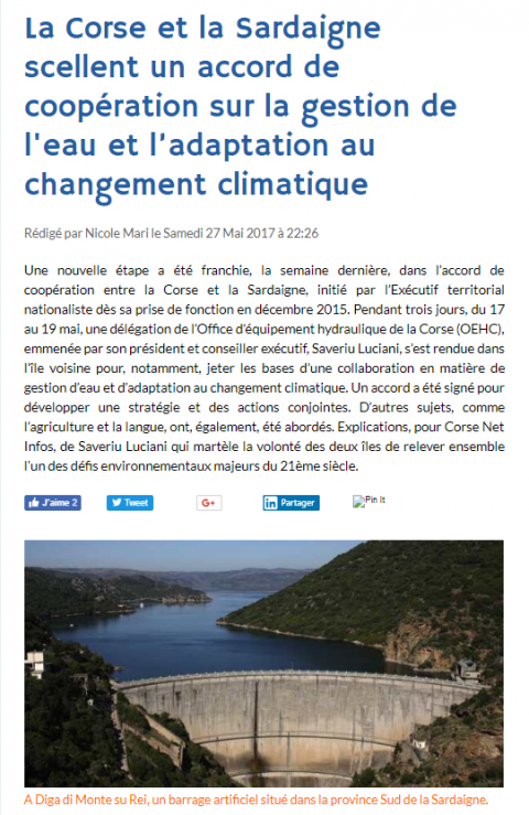 La Corse et la Sardaigne scellent un accord de coopération sur la gestion de l'eau et l’adaptation au changement climatique